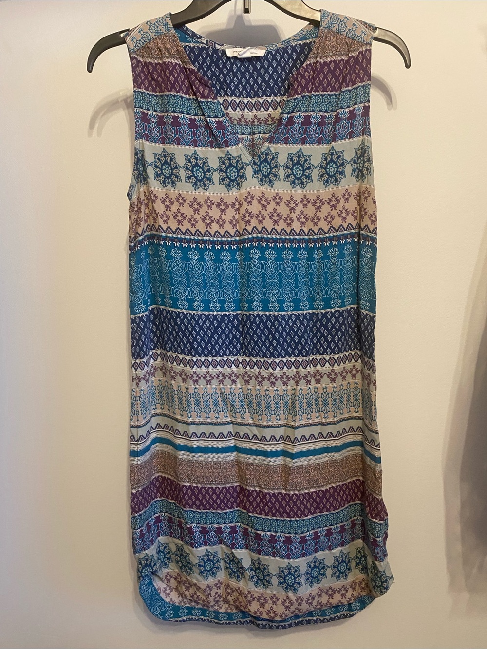 Bohemian Striped Print Sleeveless Shift Dress - Teal, Navy & Purple